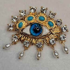 *NEW* Rhinestone Blue Evil Eye Baroque Imitation Pearls Women's Brooch / Pin